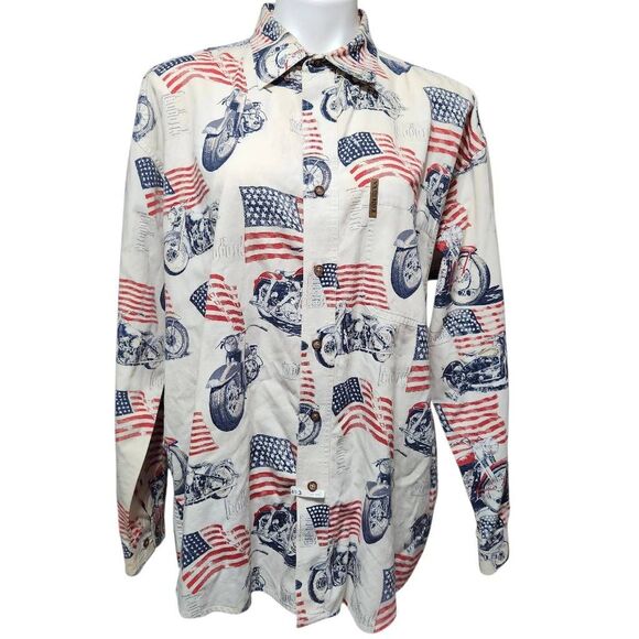 North River Outfitters button front long sleeve shirt flag motorcycle Large - Picture 1 of 9